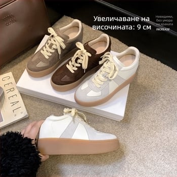 Дамски маратонки с 9 см повишаване на височината, пролет 2026 г., цветни блокове, ретро естествена кожа, връзки, ежедневни и универсални
