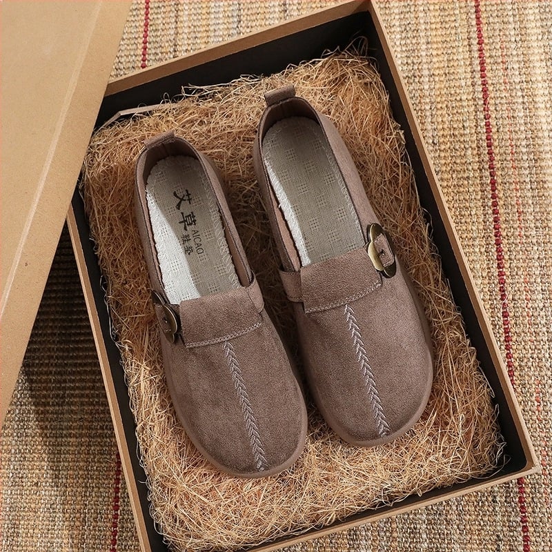 Дамски пролетни обувки от велур с метална катарама, ретро Birkenstock стил, мека подметка