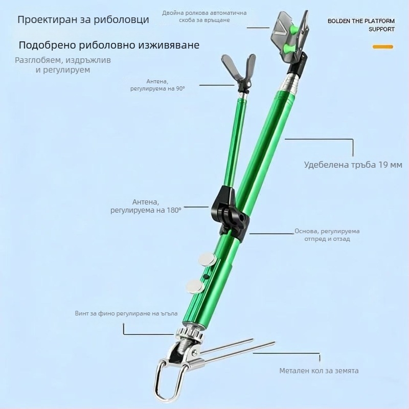 Подова стойка за риболов от неръждаема стомана с автоматично връщане и глава с двойна ролка, регулируема на 180° за големи пръти