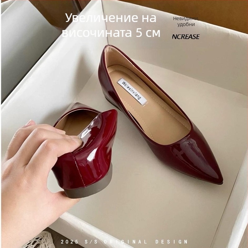 Естествена кожа, френски стил — дамски равни обувки с вътрешно повдигане, елегантен заострен нос, клин ток, нисък отвор отпред, пролет 2025