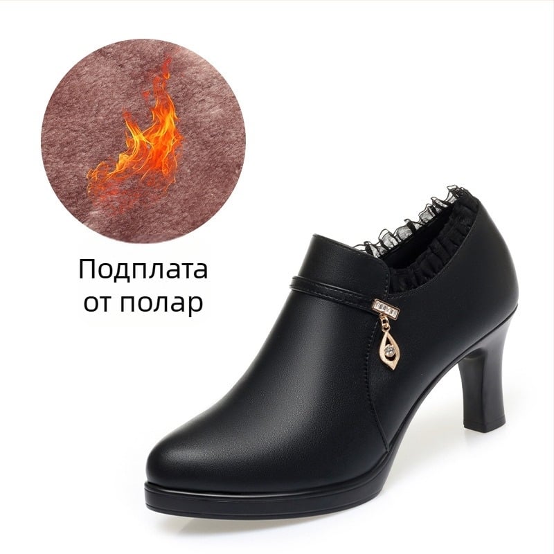 Дамски PU високи токчета, мека подметка и подплата от флис, кръгла носка, страничен цип, 6–8 cm ток