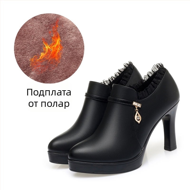 Дамски PU високи токчета, мека подметка и подплата от флис, кръгла носка, страничен цип, 6–8 cm ток