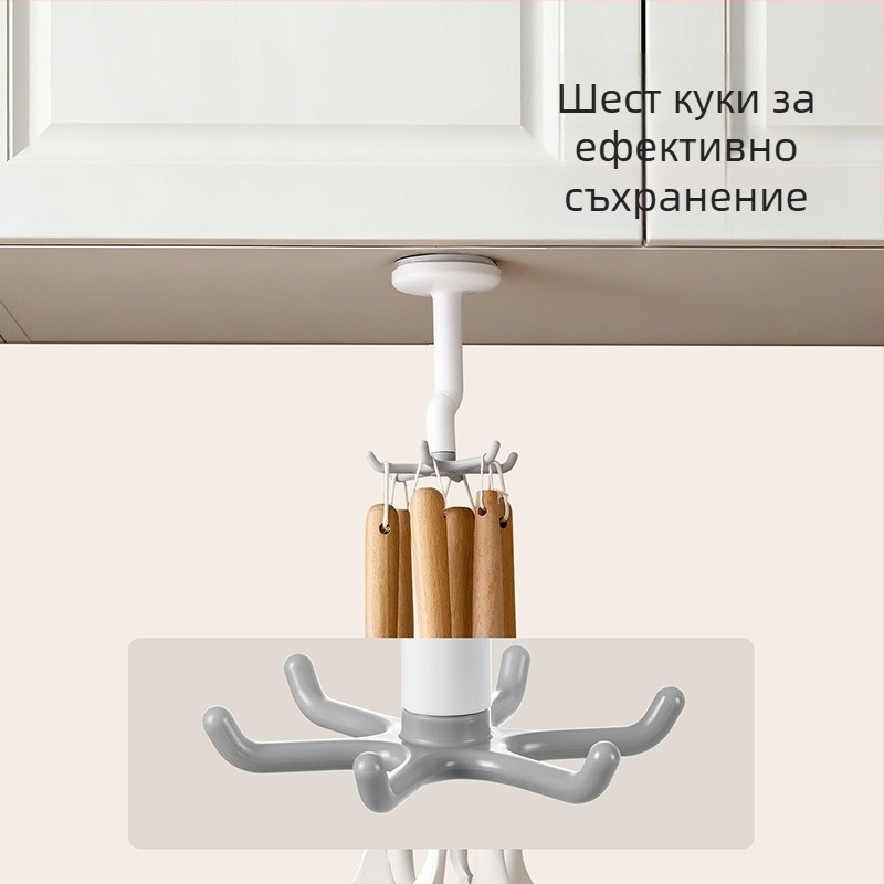 FaSoLa Вакуумна кухненска закачалка с шест пръста, въртяща се, без пробиване, за лъжици и шпатули, стенен органайзер за кухненски прибори