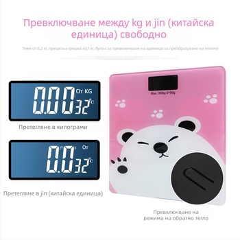 USB презареждаща се телесна везна за домашна употреба, капацитет 180 кг, LCD дисплей с подсветка, стъкло 4 мм, мультяшен дизайн
