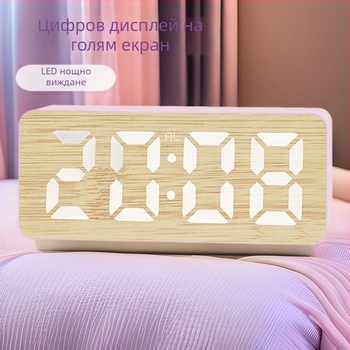 LED цифров будилник с голям екран, функция за отлагане на алармата, календар и термометър, 24-часов дисплей, бамбуков модел