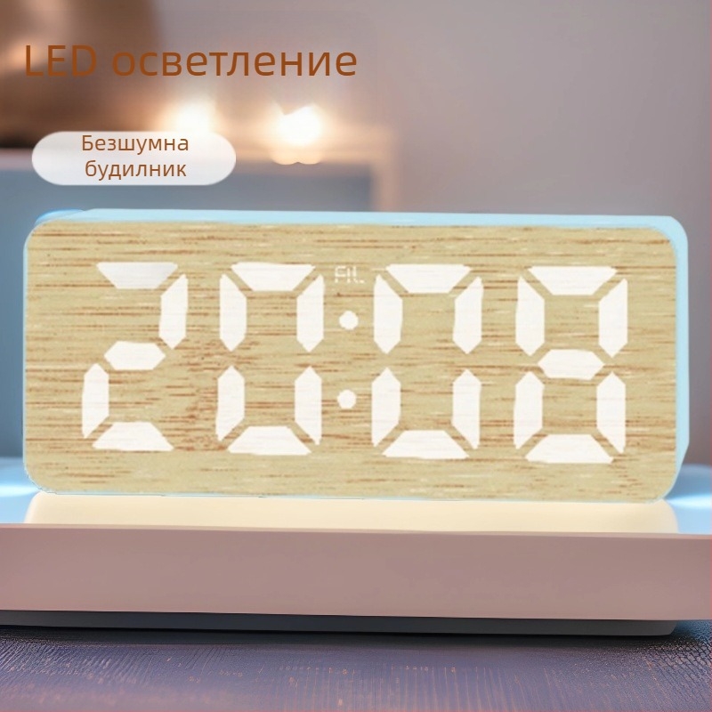 LED цифров будилник с голям екран, функция за отлагане на алармата, календар и термометър, 24-часов дисплей, бамбуков модел