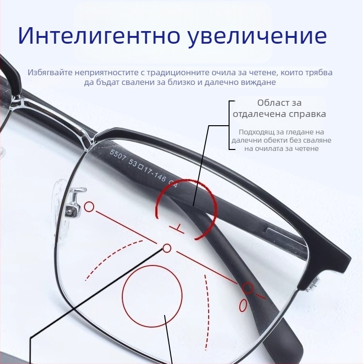 Пресбиопични очила с антизапотяване, интелигентно увеличение за близък и далечен фокус, ясна видимост при шофиране, защита от синьо‑светлина, мъжки