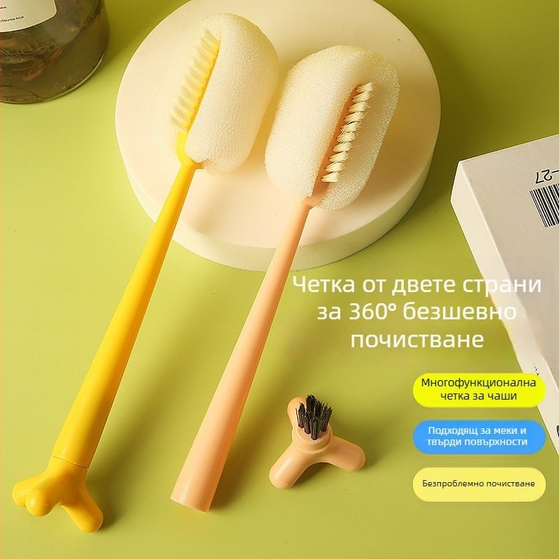 Многофункционална три в едно четка за почистване на чаши и бутилки с дълга дръжка и гъбена глава