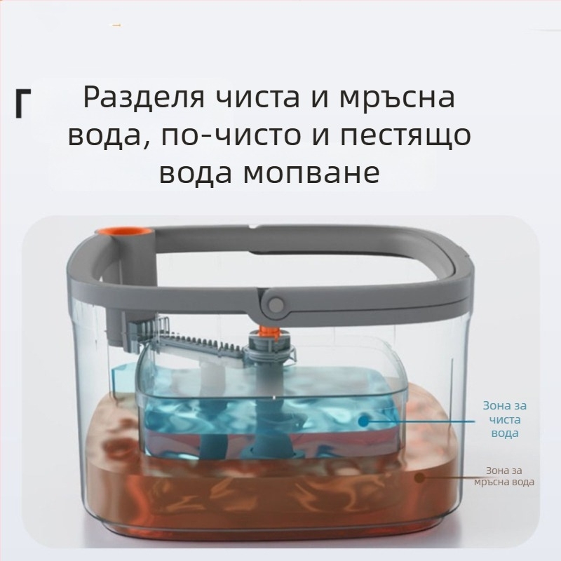 Двоен привод спин моп кофа комплект със разделяне на чиста и мръсна вода, ръчно въртящ се моп, телескопична дръжка 135 см