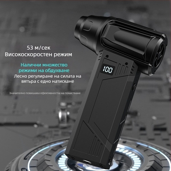 Преносим високопотен вентилатор с функции за прахосмучване, издухване на сняг, аварийно осветление и чук за разбиване на стъкла