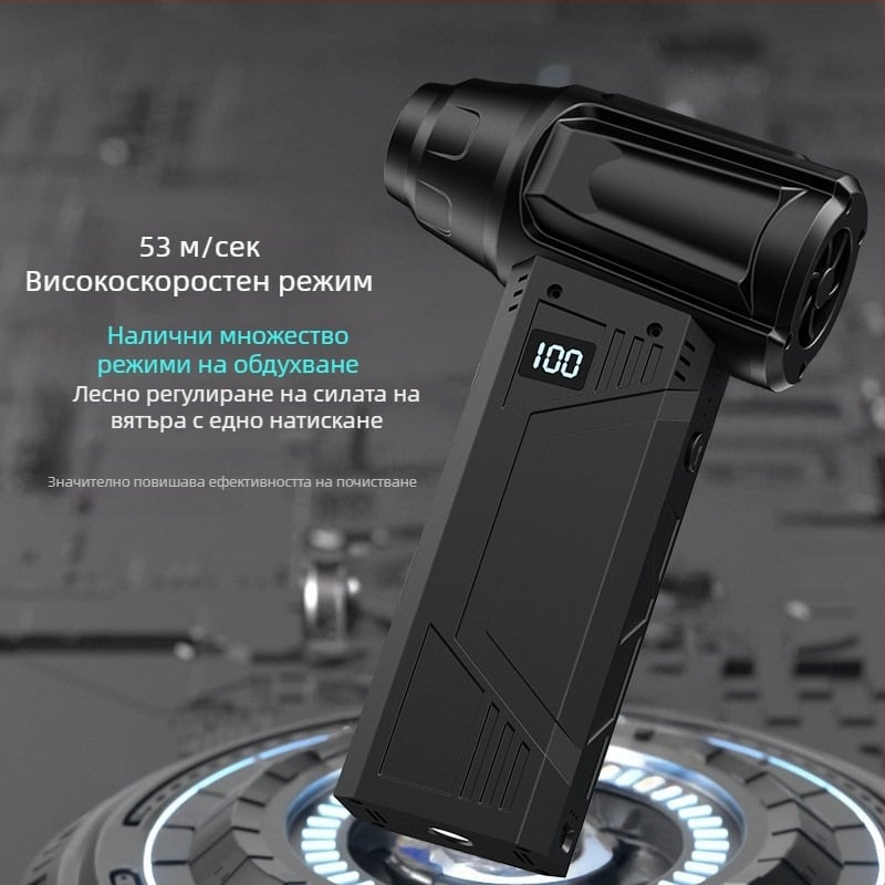 Преносим високопотен вентилатор с функции за прахосмучване, издухване на сняг, аварийно осветление и чук за разбиване на стъкла
