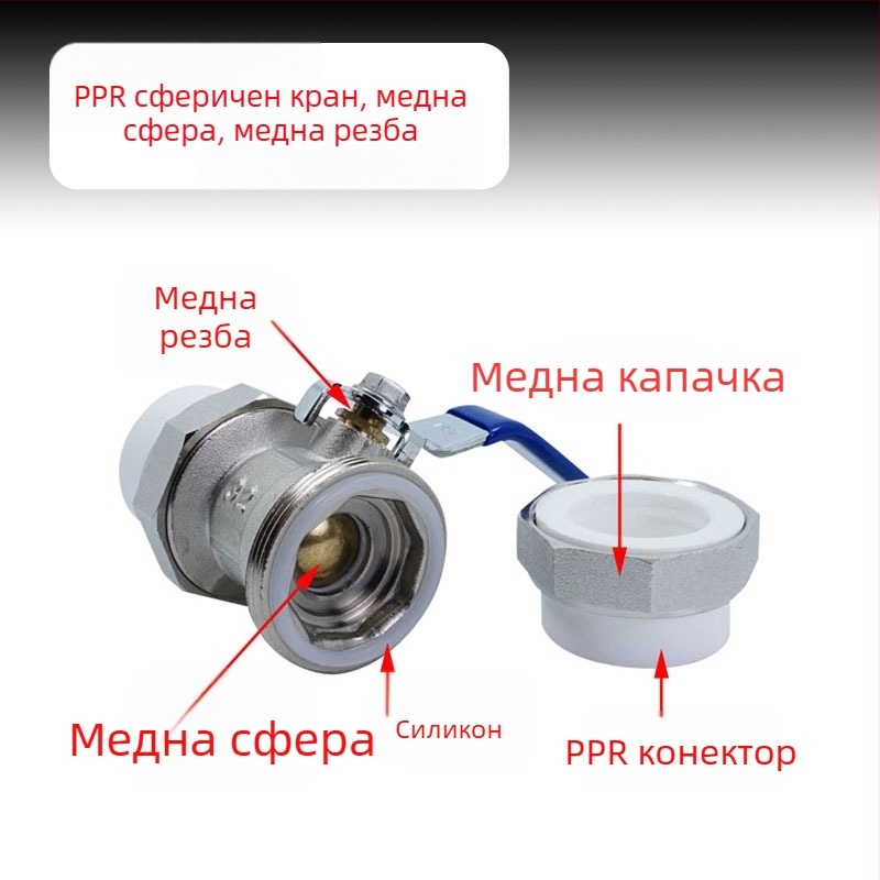 PPR двойно съединение меден сферичен клапан за заваряване, ръчно управление, размери 20/25/32