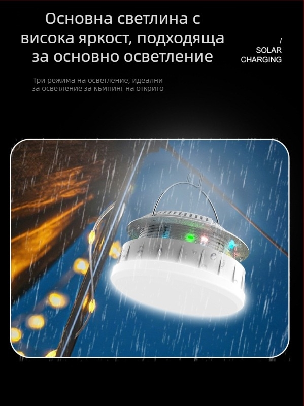 Соларна къмпинг лампа със презареждаща LED светлина, за външни условия – амбиентна и аварийна светлина, цветни гирлянди, лента за измерване и съхранение за палатка