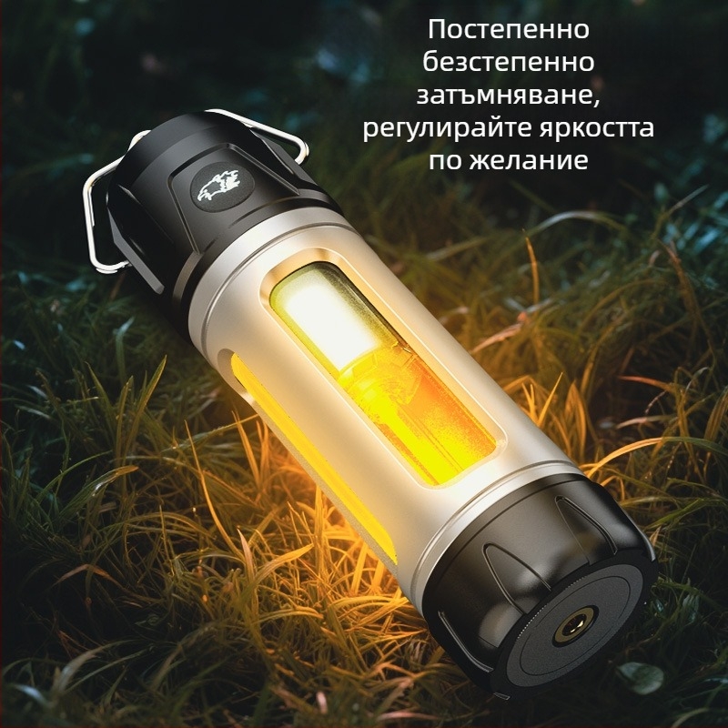 Външна многофункционална къмпинг лампа със безстепенно димиране, дълъг живот на батерията, закачалка/скоба, амбиентна светлина и фенерче