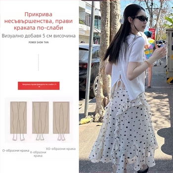 Майчинска шифонова пола с точкова шарка, висока талия, миди дължина, корейски стил
