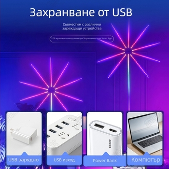 LED цветни фойерверк светлини с USB и Bluetooth, вътрешна декоративна лампа, звуков контрол и мелодия, 5V
