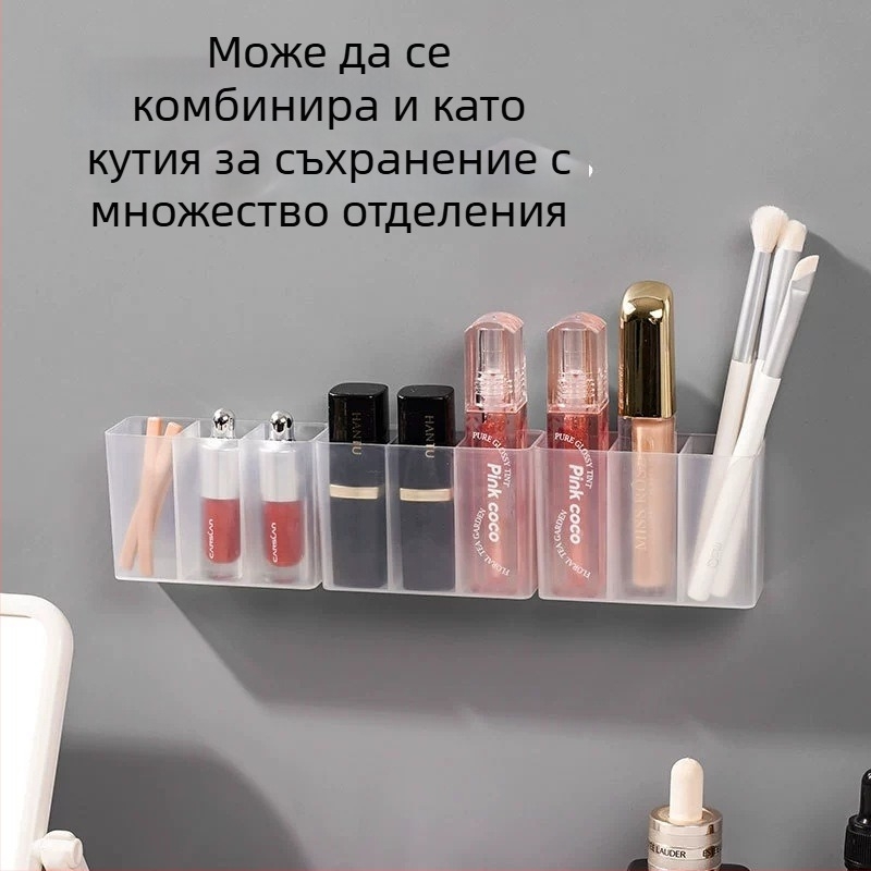 Стенно монтиран огледален шкаф за баня със разделители за козметика, прозрачен органайзер за червила, молив за вежди, ножици и четки