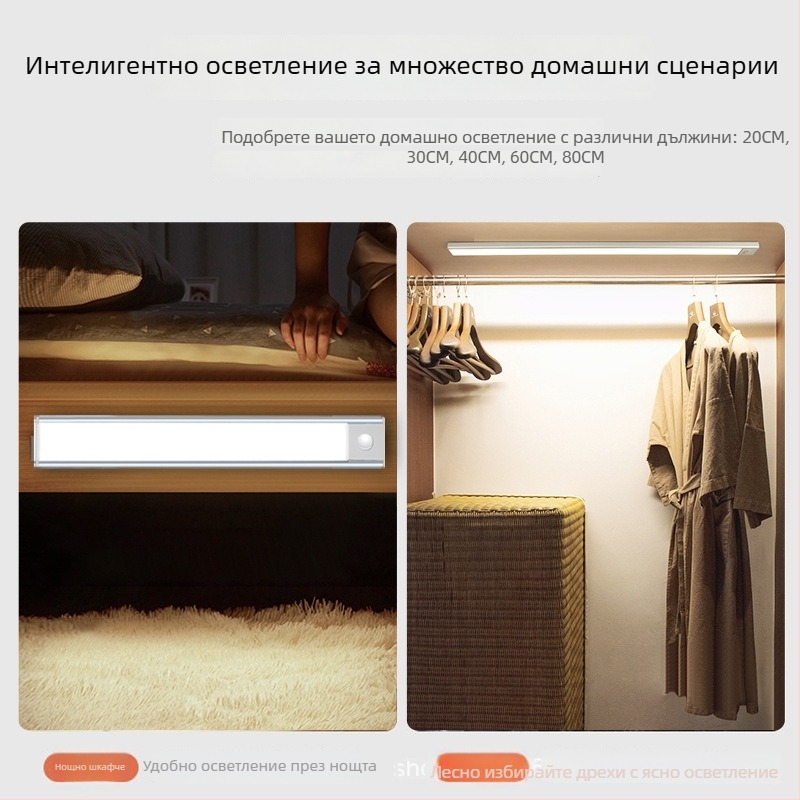 Много тънка LED нощна лампа с датчик за движение, магнитно закрепване и самозалепваща за шкаф/гардероб, презареждаща