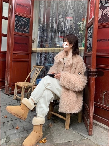 Cotton Candy дамско палто за есенно-зимния сезон с яка с изправена линия, от агнешка вълна, изцяло вълнено, Tokapu пух