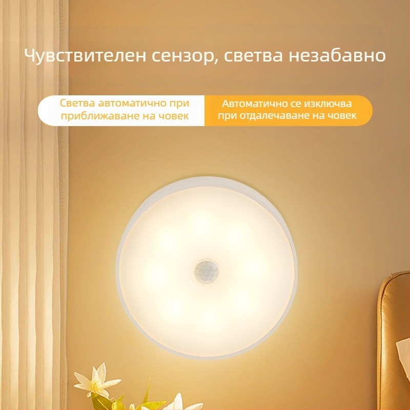 LED нощна лампа с детектор на движение, управление с докосване, USB захранване, гласово и светлинно управление за гардероб и коридор