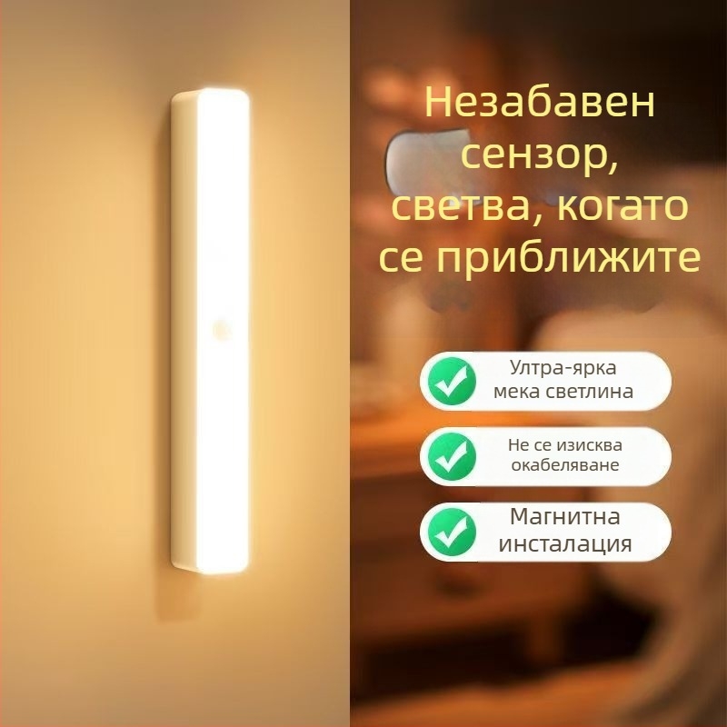 LED нощна лампа с датчик за движение за дома, спалня и коридор — стилен лентов дизайн с мека светлина