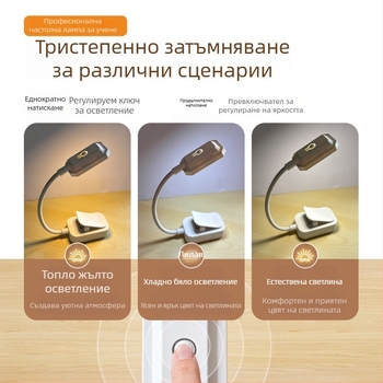 Компактна клип-лампа за четене с защита на очите, подходяща за студентска стая, зареждаема лампа за учене до леглото