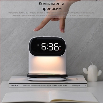 Безжично зарядно за телефон, часовник и нощна светлина – мултифункционална настолна лампа за спалня