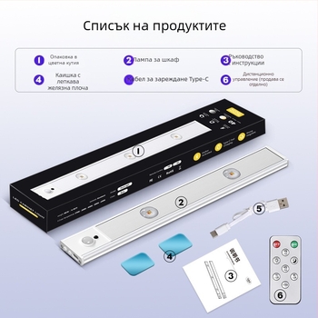 Cat-Eye Hill умна LED лампа за шкаф със сензор, презареждаща се нощна светлина, осветление за гардероб с детектор за движение, регулируема в пет цвята.