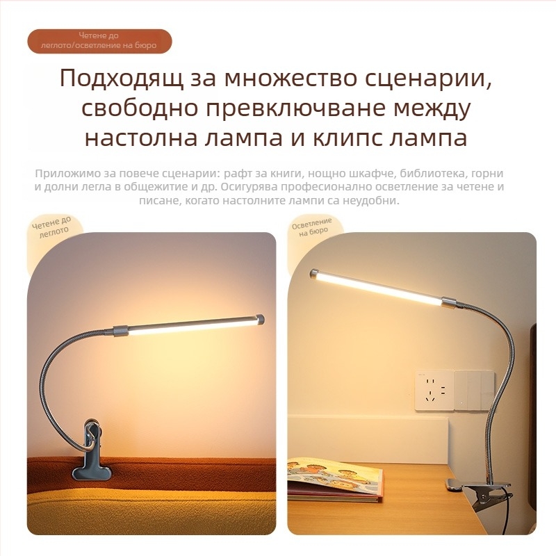 Лампа за учене с щипка, LED лампа с пълен спектър, USB захранване, 5W, алуминиева, модерен минималистичен дизайн, лампа за четене и нощно светло за общежитие близо до леглото