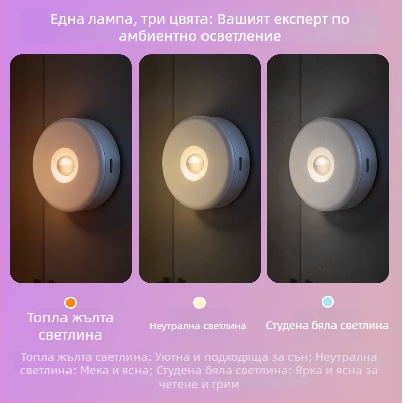 LED стенен нощен светлинник с презареждаща се батерия, без кабели и пробиване, магнитен сензор, амбиентно осветление, регулируема температура на цвета