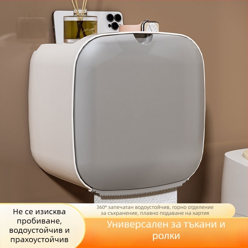 Стенно монтиран водоустойчив държач за тоалетна хартия и кутия за салфетки – без пробиване, креативен дизайн