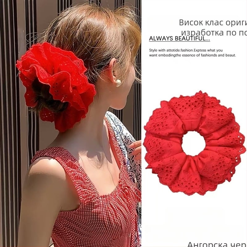 червена дантелена лента за коса вдъхновена от Yang Chaoyue, с ажурен дизайн, френски винтидж стил, нежна, голям размер