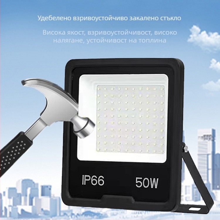 Chang Lang Lighting външна IP65 водоустойчива ултра тънка прожекторна лампа за двор, инженерно-класа, 50-200W, 1200 lm, 144×2835 LED чипове, 120° лъч, черен алуминиев корпус
