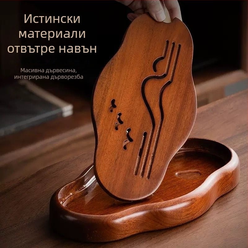 Бамбуков чайен поднос в новокитайски стил, с шарка от крушово дърво, плесеноустойчив, за домашна употреба, подходящ за кунг-фу чайни комплекти и сухо запарване, персонализиране с лого