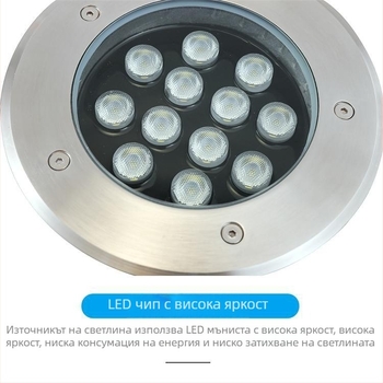 LED подземно осветление, кръгло, корпус от ди-каст алуминий, капак от неръждаема стомана, закалено стъкло, външно водоустойчиво