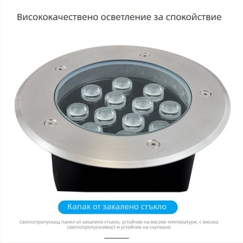 LED подземно осветление, кръгло, корпус от ди-каст алуминий, капак от неръждаема стомана, закалено стъкло, външно водоустойчиво