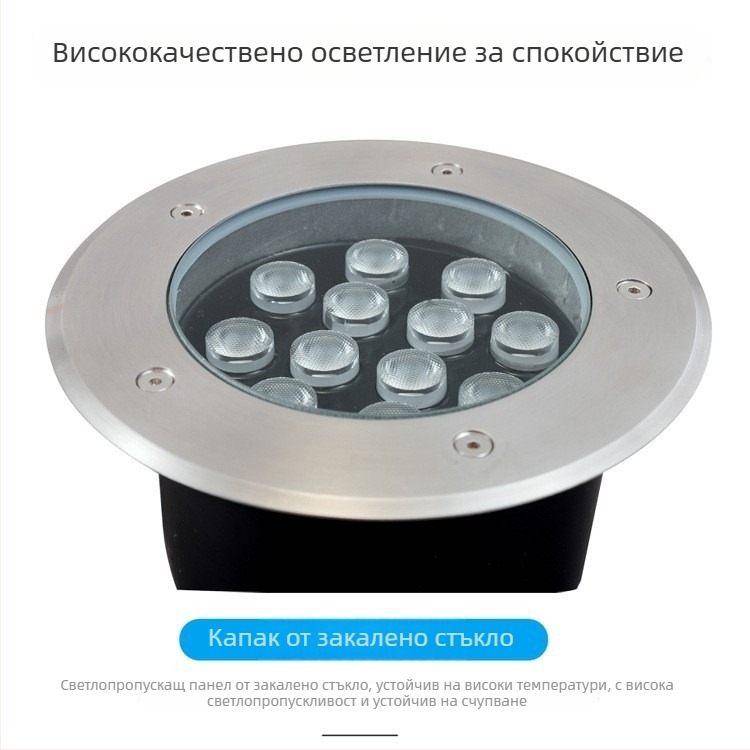 LED подземно осветление, кръгло, корпус от ди-каст алуминий, капак от неръждаема стомана, закалено стъкло, външно водоустойчиво