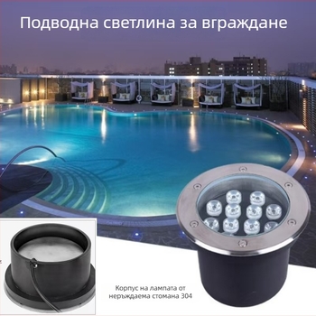 Подводна LED светлина за басейн и аквариум, вградена, неръждаема стомана, IP68, 12–24V, 18 LED, 3000K топло бяло, 30° лъч