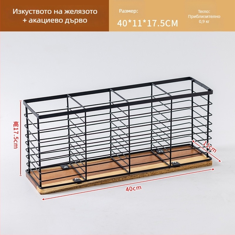 Ковано желязо и акациево дърво — кухненски рафт за съхранение с множество отделения, организатор за прибори и клечки за хранене, поставка за бутилки масла и подправки
