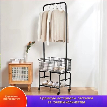 Сгъваема метална закачалка за палта с кош за съхранение и подвижен рафт — 3-етажен преносим организатор за спалня, кухня и баня