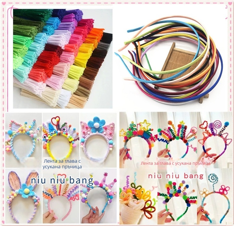 DIY комплект за динозавърски обруч за коса с кадифени ленти и пръчки за усукване