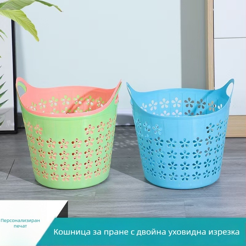 Пластмасова кошница за пране с дръжка, 37×37 см, мотив сливово цвете, за съхранение и пране, възможност за печат на лого