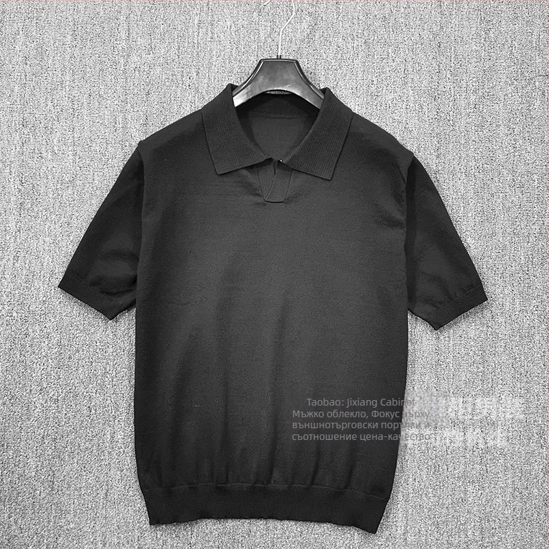 Лятна мъжка поло риза от фин трикотаж с къс ръкав, V-образно деколте, Slim fit, Ice Silk