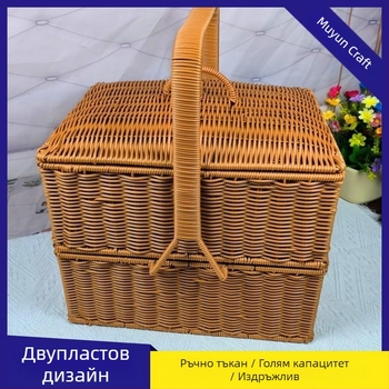 M55 Двуетажна външна кошница за пикник, ръчно тъкана ратанова кошница за сервиране със капак, квадратна бамбукова кошница