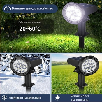 Соларни градински прожектори за открито – LED водоустойчиви светлини за тревни площи и дървета