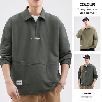 Мъжка риза polo с половин цип и поло яка, дълги ръкави, свободен силует, oversize, лято 2025