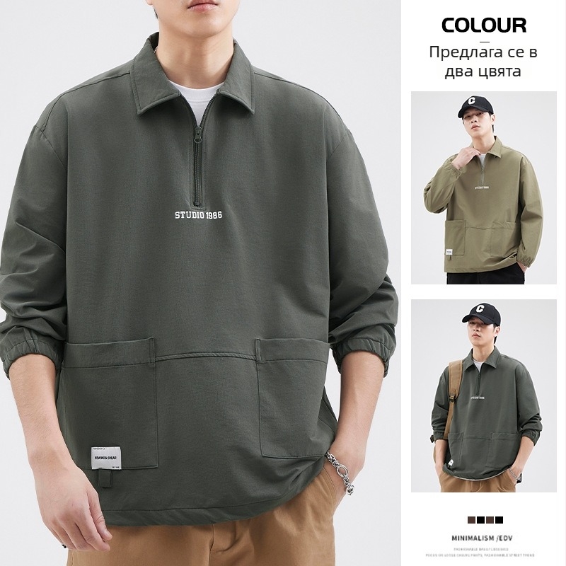 Мъжка риза polo с половин цип и поло яка, дълги ръкави, свободен силует, oversize, лято 2025