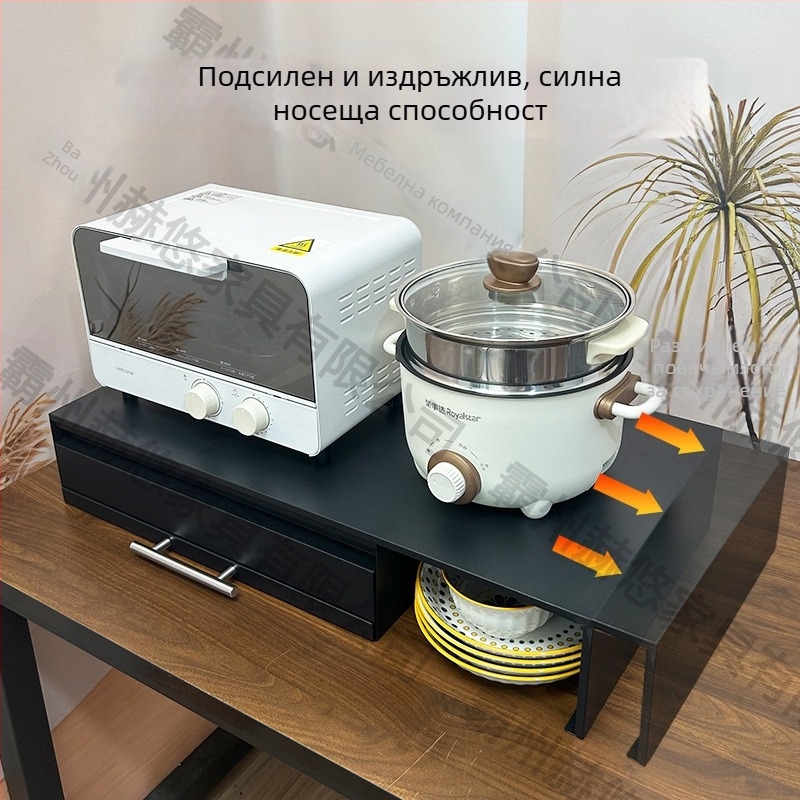 Разтегателна двойно ниво поставка за микровълнова за кухня, мултифункционална ракла за плот с отделение за подправки, ъглов шкаф от въглеродна стомана