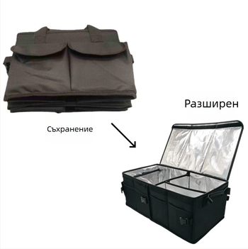 Сгъваема голяма кутия за багаж за багажника на автомобил, термоизолирана и подходяща за кемпер; обем 50 л, размери 60×32×24 см; материал: оксфордова тъкан.