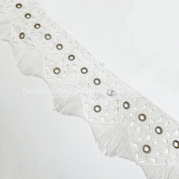 Дантела с водоразтворим млечен цвят и квадратно каре, ресни, отвори за копчета и декоративна лента за облекло